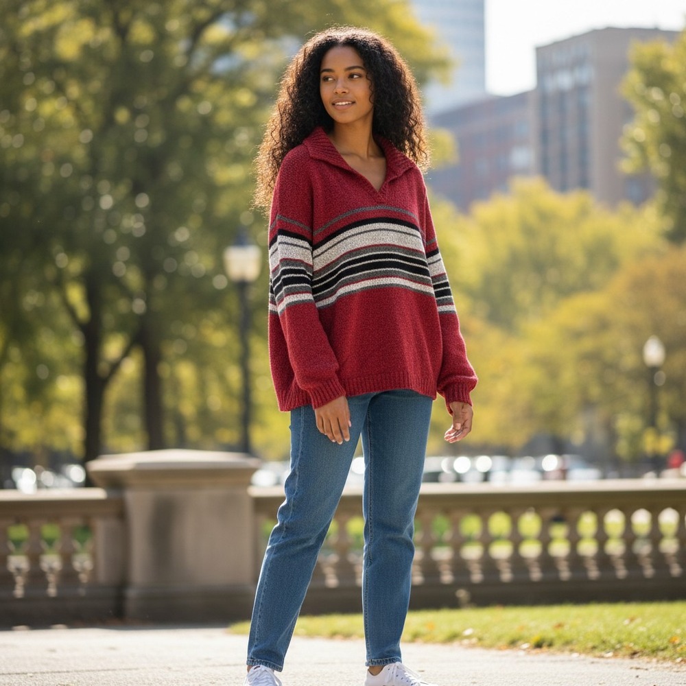 No Boundaries Pullover Sweater 14/16 Red Striped Excellent Retro V-Neck Collar